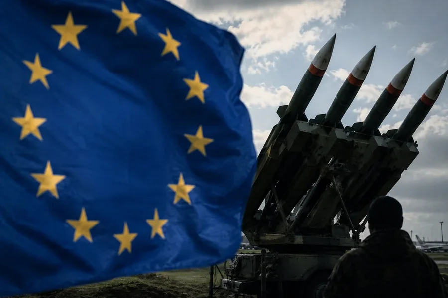 Прапор ЄС біля пускової установки ракет Patriot для України